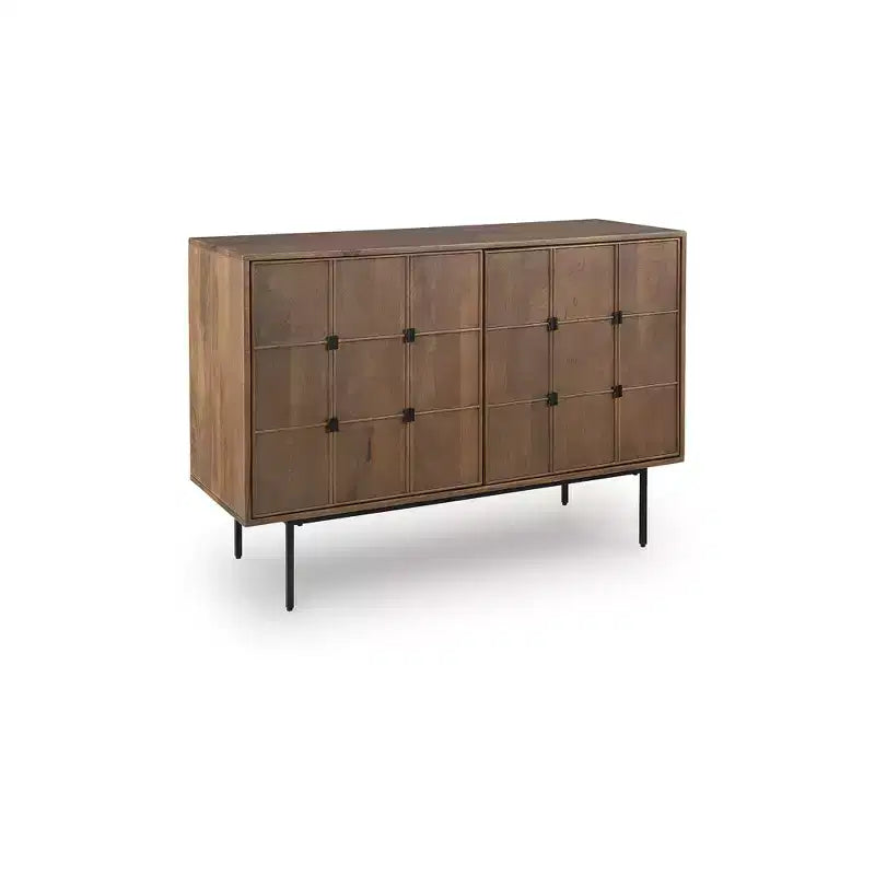 Meuble d'appoint Signature Design by Ashley Juddins, console de rangement en bois de manguier massif avec portes sculptées, marron