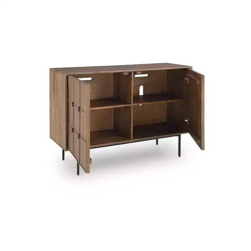 Meuble d'appoint Signature Design by Ashley Juddins, console de rangement en bois de manguier massif avec portes sculptées, marron
