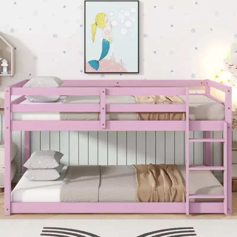 Bellemave Lit Superposé Jumeau sur Jumeau à Hauteur Réduite pour Enfants, Cadre en Bois Massif avec Grande Échelle, Lattes Robustes, Conception Gain de Place, Plusieurs Couleurs