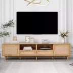 Clihome Rattan TV Stand for TVs up to 85'', Modern Farmhouse Media Console, Entertainment Center with Solid Wood Legs, TV Cabinet for Living Room
