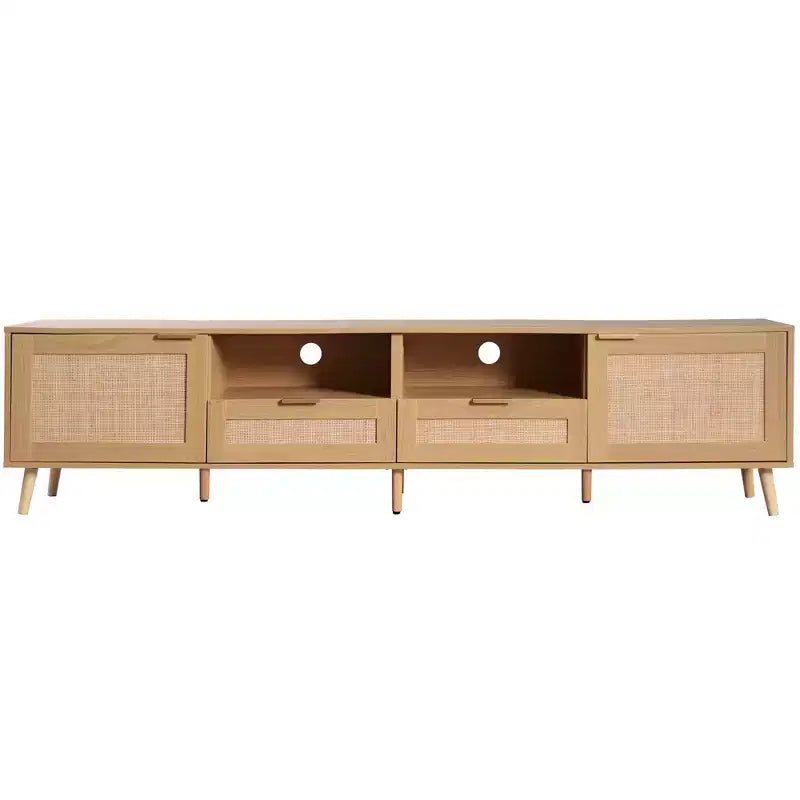 Meuble TV en rotin Clihome pour téléviseurs jusqu'à 85 pouces, console média moderne de style ferme, centre de divertissement avec pieds en bois massif, meuble TV pour salon