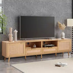 Meuble TV en rotin Clihome pour téléviseurs jusqu'à 85 pouces, console média moderne de style ferme, centre de divertissement avec pieds en bois massif, meuble TV pour salon