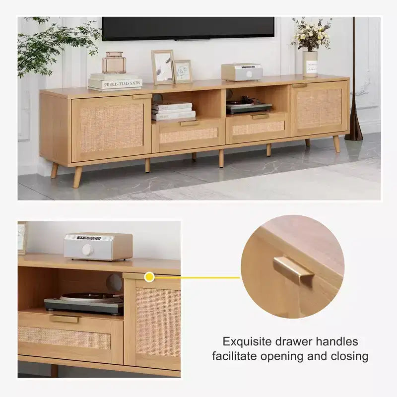 Meuble TV en rotin Clihome pour téléviseurs jusqu'à 85 pouces, console média moderne de style ferme, centre de divertissement avec pieds en bois massif, meuble TV pour salon