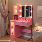 Coiffeuse moderne avec miroir, station de recharge, tiroirs de rangement spacieux et armoires à portes acryliques, table de maquillage en bois pour chambre à coucher