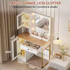 Coiffeuse moderne avec miroir, station de recharge, tiroirs de rangement spacieux et armoires à portes acryliques, table de maquillage en bois pour chambre à coucher