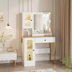 Coiffeuse moderne avec miroir, station de recharge, tiroirs de rangement spacieux et armoires à portes acryliques, table de maquillage en bois pour chambre à coucher