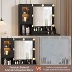 Coiffeuse moderne avec miroir, station de recharge, tiroirs de rangement spacieux et armoires à portes acryliques, table de maquillage en bois pour chambre à coucher