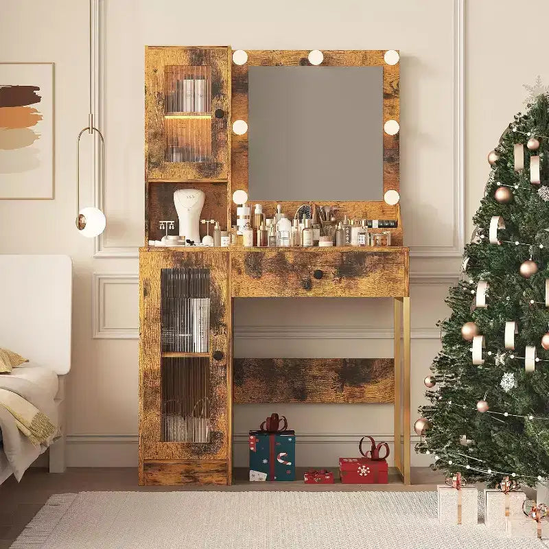 Coiffeuse moderne avec miroir, station de recharge, tiroirs de rangement spacieux et armoires à portes acryliques, table de maquillage en bois pour chambre à coucher
