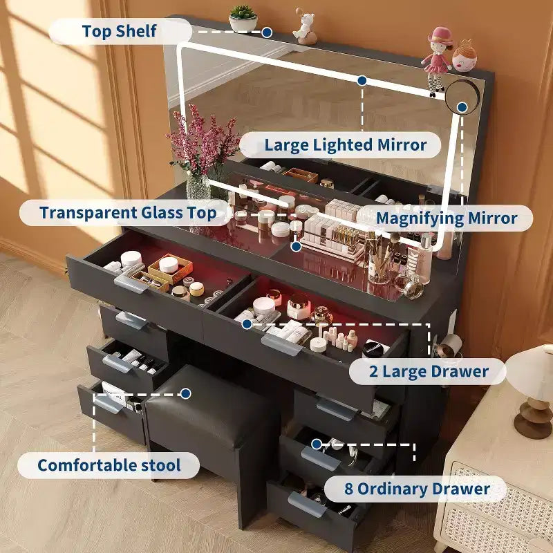 Coiffeuse avec grand miroir, ensemble coiffeuse avec prise de courant, tabouret, 10 tiroirs, loupe, support de sèche-cheveux pour chambre à coucher, dressing