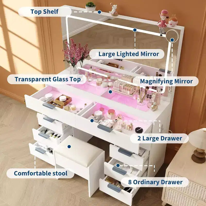 Coiffeuse avec grand miroir, ensemble coiffeuse avec prise de courant, tabouret, 10 tiroirs, loupe, support de sèche-cheveux pour chambre à coucher, dressing