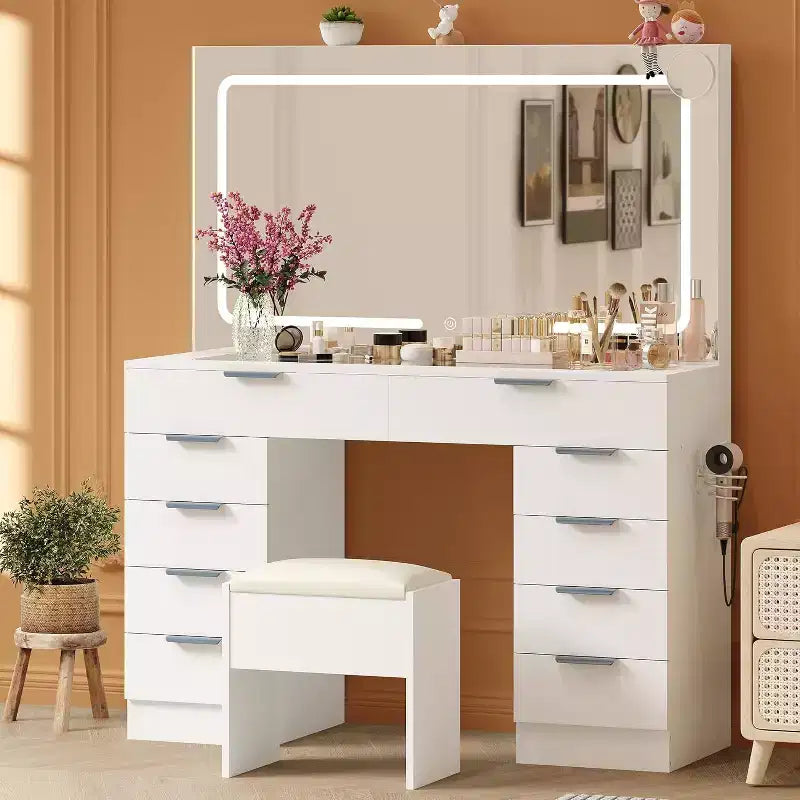 Coiffeuse avec grand miroir, ensemble coiffeuse avec prise de courant, tabouret, 10 tiroirs, loupe, support de sèche-cheveux pour chambre à coucher, dressing