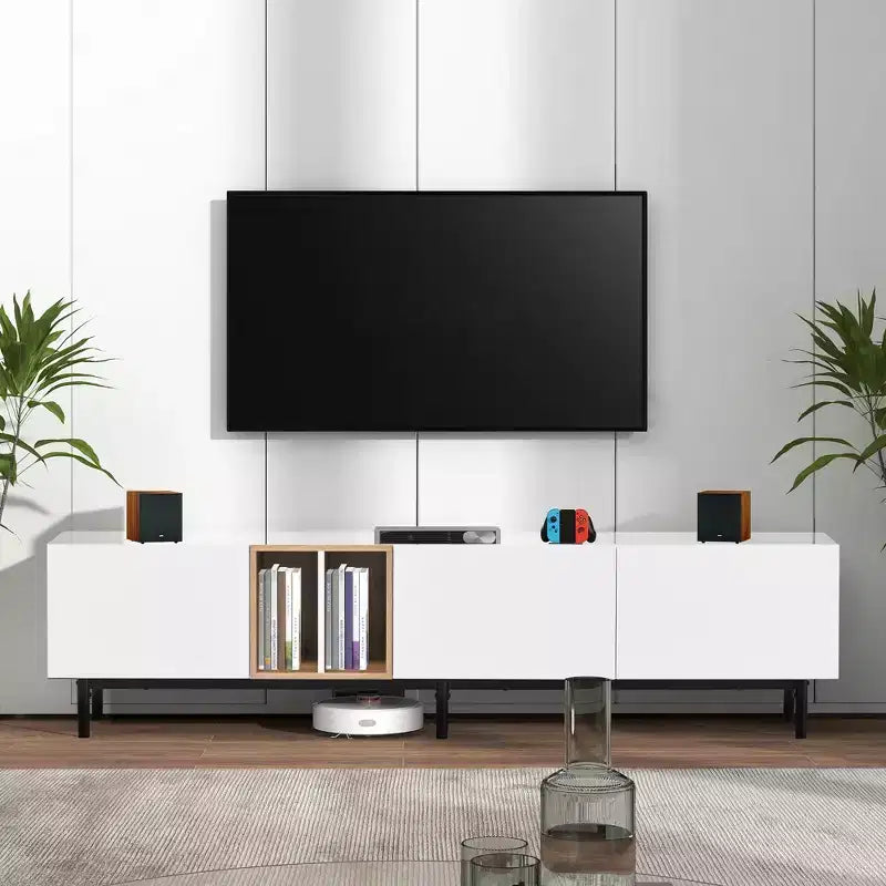 Meuble TV moderne Clihome pour téléviseur 80" avec 3 portes, console multimédia, centre de divertissement avec grand meuble de rangement pour salon