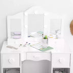 Coiffeuse pour Filles avec Miroir Triple, Table et Tabouret de Maquillage en Bois 2 en 1, Bureau de Maquillage de Princesse avec Tiroir pour Petites Filles