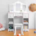 Coiffeuse pour Filles avec Miroir Triple, Table et Tabouret de Maquillage en Bois 2 en 1, Bureau de Maquillage de Princesse avec Tiroir pour Petites Filles