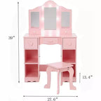 Coiffeuse pour Filles avec Miroir Triple, Table et Tabouret de Maquillage en Bois 2 en 1, Bureau de Maquillage de Princesse avec Tiroir pour Petites Filles