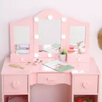 Coiffeuse pour Filles avec Miroir Triple, Table et Tabouret de Maquillage en Bois 2 en 1, Bureau de Maquillage de Princesse avec Tiroir pour Petites Filles