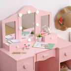 Coiffeuse pour Filles avec Miroir Triple, Table et Tabouret de Maquillage en Bois 2 en 1, Bureau de Maquillage de Princesse avec Tiroir pour Petites Filles
