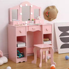Girls Vanity Set with Tri-Fold Mirror, 2-in-1 Wooden Dressing Table and Stool, Princess Pretend Play Makeup Desk with Drawer for Little Girls