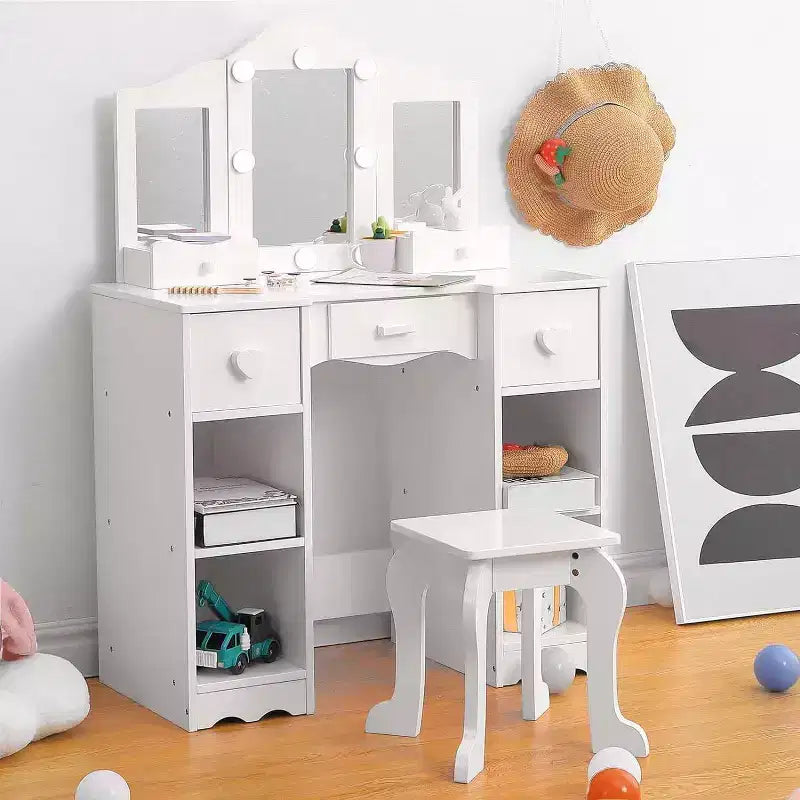 Coiffeuse pour Filles avec Miroir Triple, Table et Tabouret de Maquillage en Bois 2 en 1, Bureau de Maquillage de Princesse avec Tiroir pour Petites Filles