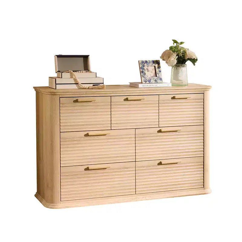 Commode Zeus & Ruta Fluted 52 moderne en bois avec 7 tiroirs, design incurvé pour rangement dans le salon et le couloir