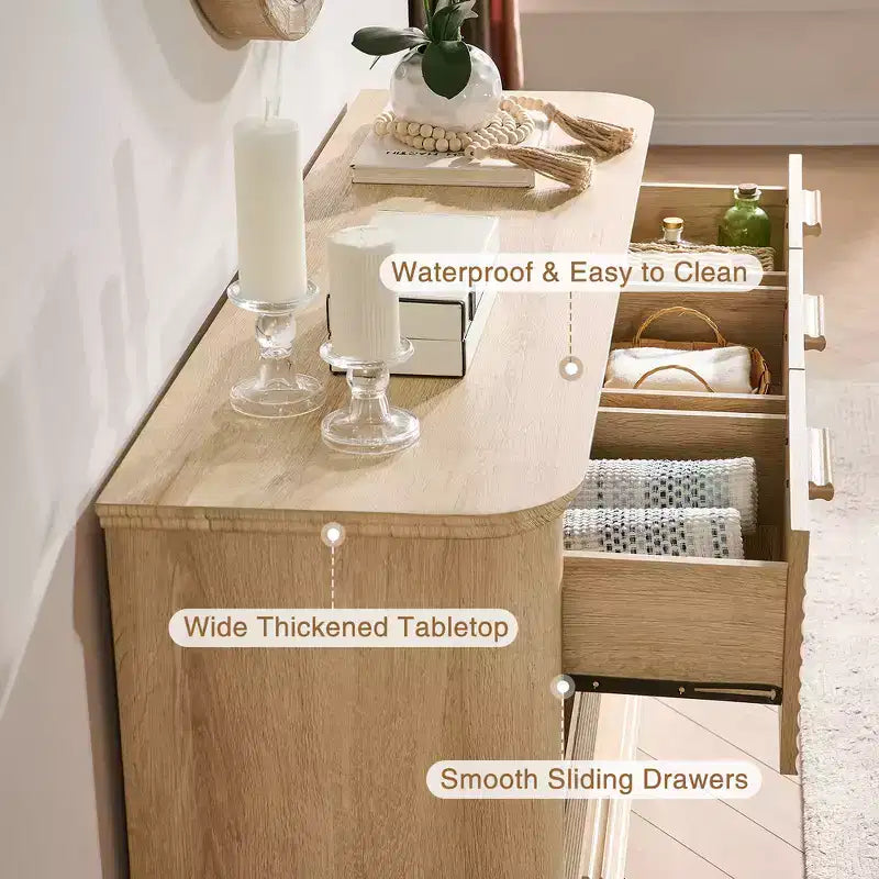 Commode Zeus & Ruta Fluted 52 moderne en bois avec 7 tiroirs, design incurvé pour rangement dans le salon et le couloir