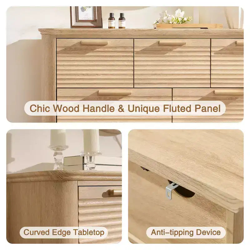 Commode Zeus & Ruta Fluted 52 moderne en bois avec 7 tiroirs, design incurvé pour rangement dans le salon et le couloir