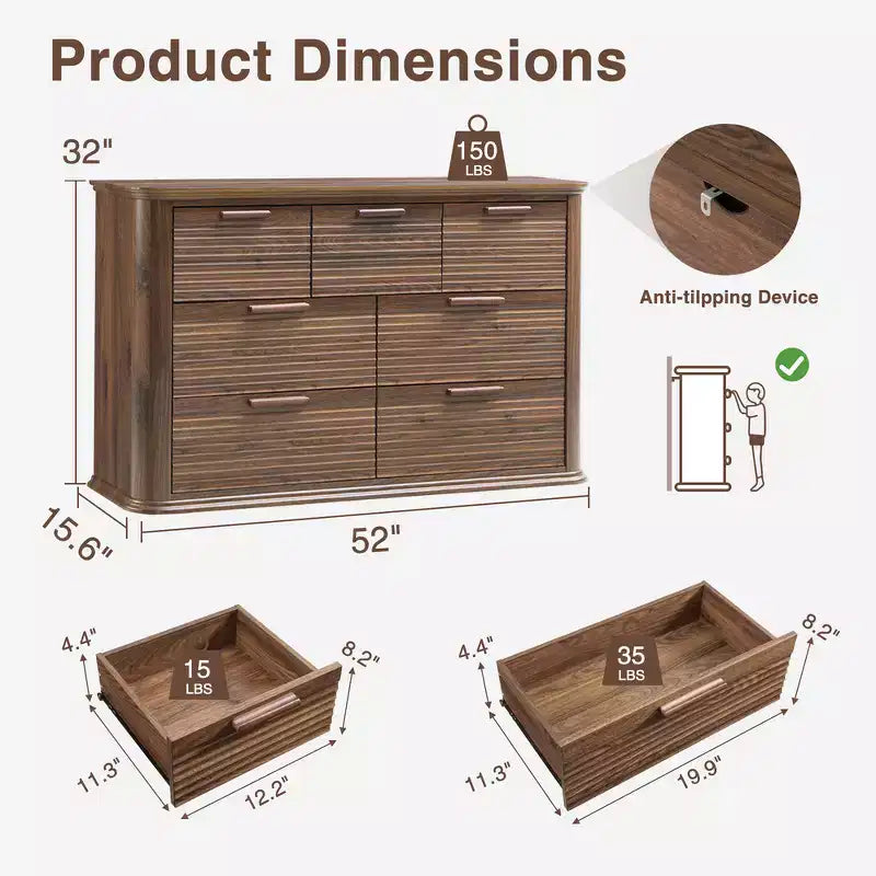 Commode Zeus & Ruta Fluted 52 moderne en bois avec 7 tiroirs, design incurvé pour rangement dans le salon et le couloir