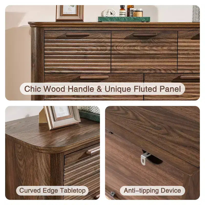 Commode Zeus & Ruta Fluted 52 moderne en bois avec 7 tiroirs, design incurvé pour rangement dans le salon et le couloir