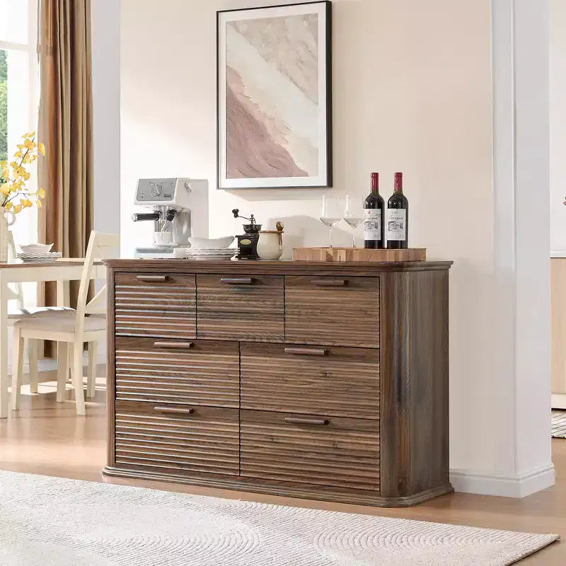 Commode Zeus & Ruta Fluted 52 moderne en bois avec 7 tiroirs, design incurvé pour rangement dans le salon et le couloir