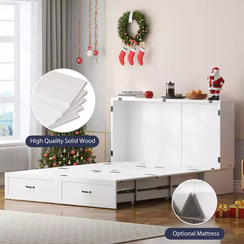 Lit escamotable Queen Mjkone avec rangement et station de charge, lit-armoire de style ferme, silencieux, pour chambre d'amis, matelas en option
