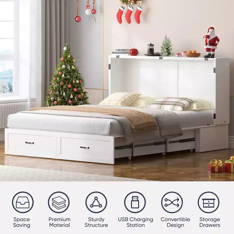 Lit escamotable Queen Mjkone avec rangement et station de charge, lit-armoire de style ferme, silencieux, pour chambre d'amis, matelas en option
