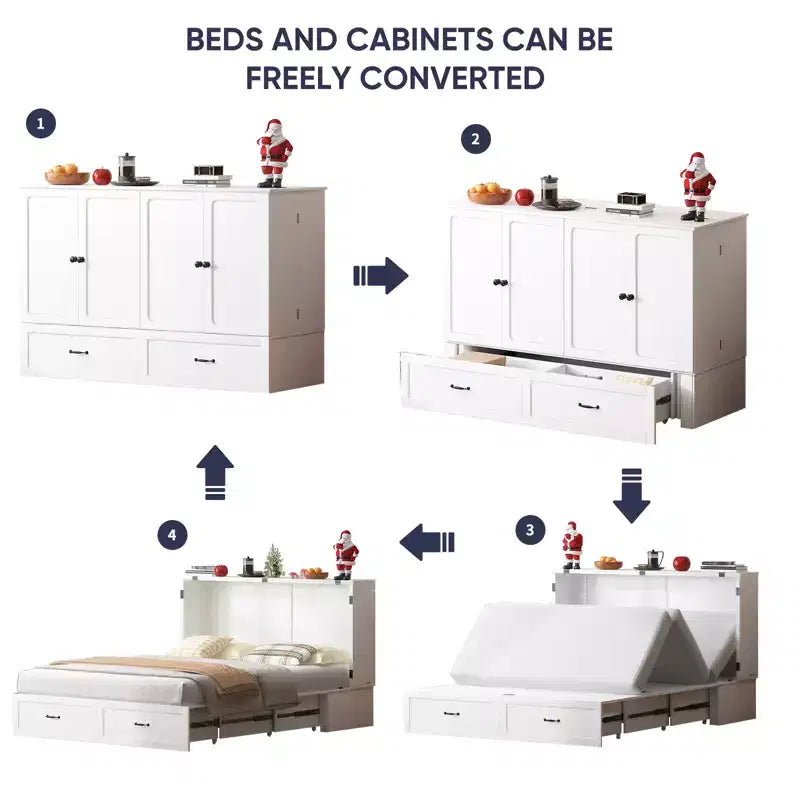 Lit escamotable Queen Mjkone avec rangement et station de charge, lit-armoire de style ferme, silencieux, pour chambre d'amis, matelas en option