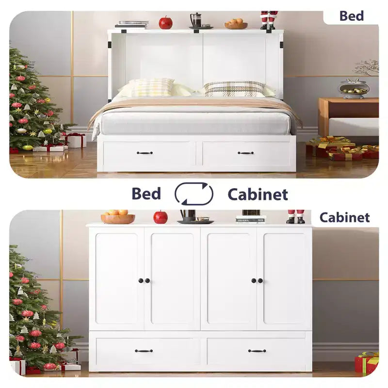Lit escamotable Queen Mjkone avec rangement et station de charge, lit-armoire de style ferme, silencieux, pour chambre d'amis, matelas en option