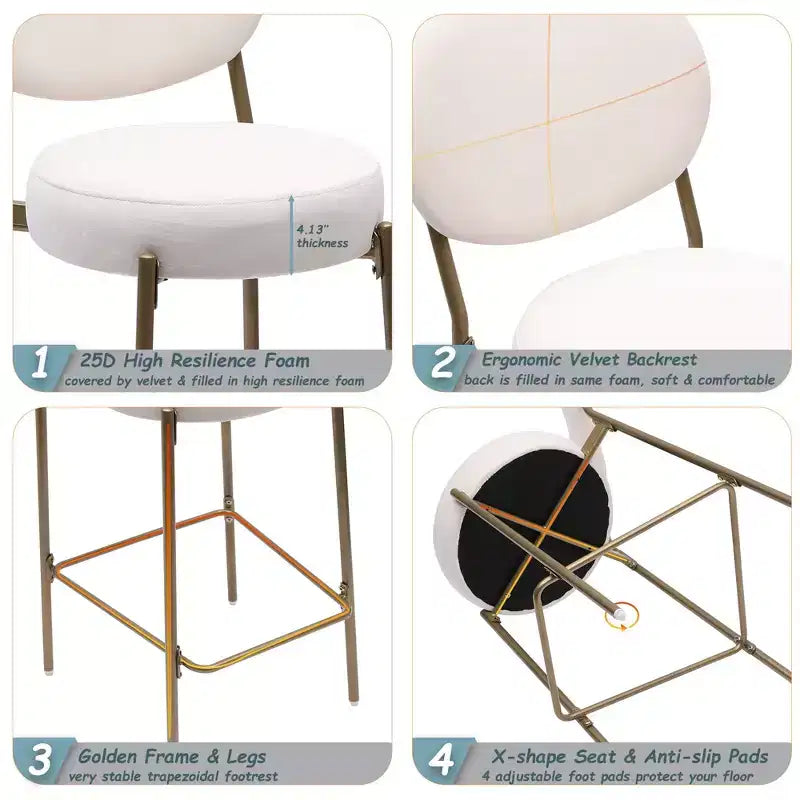 Lot de 2 tabourets de bar en velours TUYOHW, chaises de bar à hauteur de comptoir avec pieds en métal, dossier ovale et repose-pieds, tabourets d'appoint pour îlot de cuisine, bar à domicile