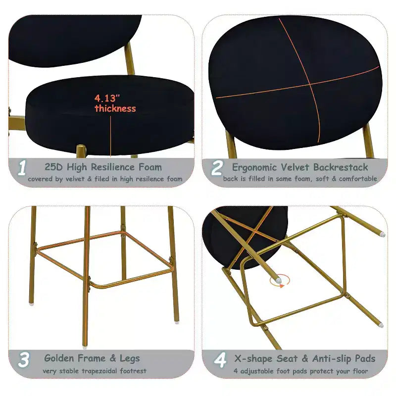 Lot de 2 tabourets de bar en velours TUYOHW, chaises de bar à hauteur de comptoir avec pieds en métal, dossier ovale et repose-pieds, tabourets d'appoint pour îlot de cuisine, bar à domicile