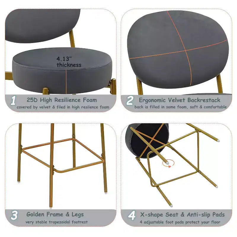 Lot de 2 tabourets de bar en velours TUYOHW, chaises de bar à hauteur de comptoir avec pieds en métal, dossier ovale et repose-pieds, tabourets d'appoint pour îlot de cuisine, bar à domicile