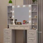 GDFStudio Fina Coiffeuse Miroir Moderne avec Lumières, Station de Charge, 7 Tiroirs et Étagères Ouvertes