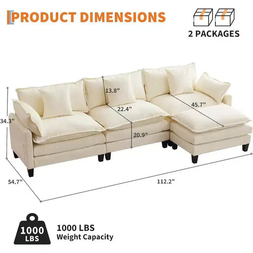 Canapé d'angle surdimensionné Acekool, canapé modulaire en chenille 3 places avec assise profonde et pouf, canapé convertible confortable pour salon