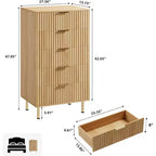 Commode à 5 tiroirs cannelés de 122 cm de haut en bois naturel – Commode moderne à tiroirs profonds avec plateau large pour chambre à coucher, salon, couloir et chambre d'enfant.