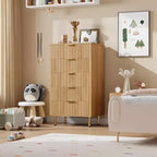 Commode à 5 tiroirs cannelés de 122 cm de haut en bois naturel – Commode moderne à tiroirs profonds avec plateau large pour chambre à coucher, salon, couloir et chambre d'enfant.