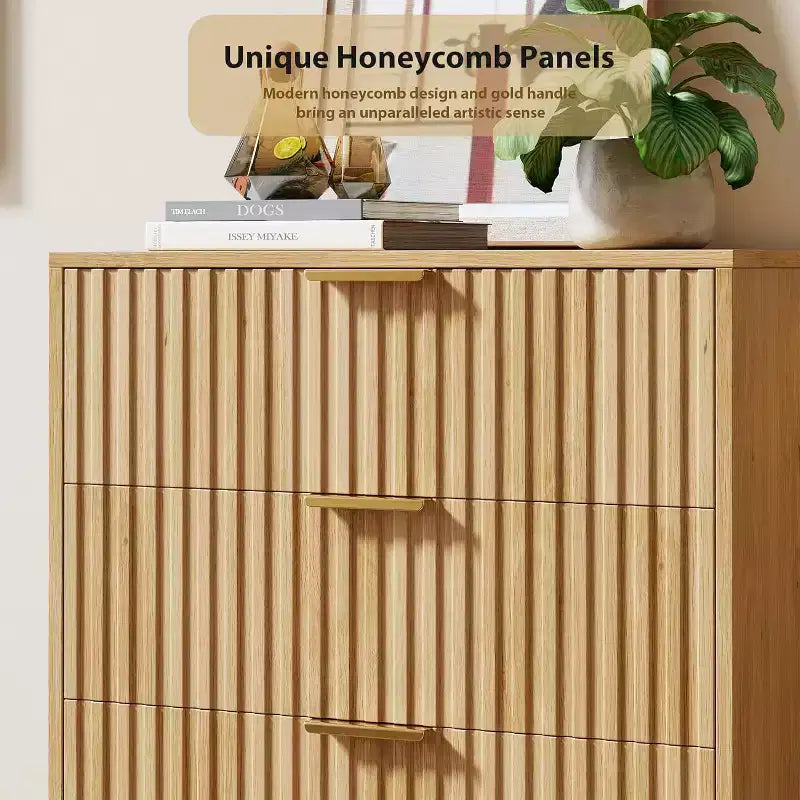 Commode à 5 tiroirs cannelés de 122 cm de haut en bois naturel – Commode moderne à tiroirs profonds avec plateau large pour chambre à coucher, salon, couloir et chambre d'enfant.