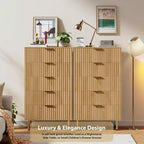 Commode à 5 tiroirs cannelés de 122 cm de haut en bois naturel – Commode moderne à tiroirs profonds avec plateau large pour chambre à coucher, salon, couloir et chambre d'enfant.
