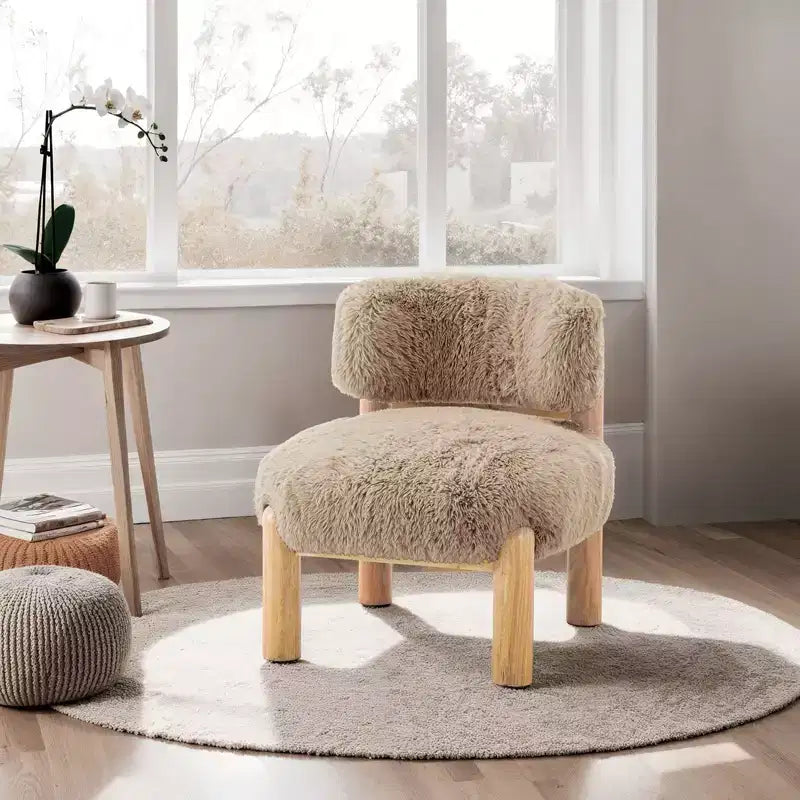 Chaise d'appoint moderne TUYOHW, Chaises sans accoudoirs avec dossier incurvé, Pieds en bois, Fauteuil de salon rembourré en tissu fourrure pour salon, chambre à coucher, balcon