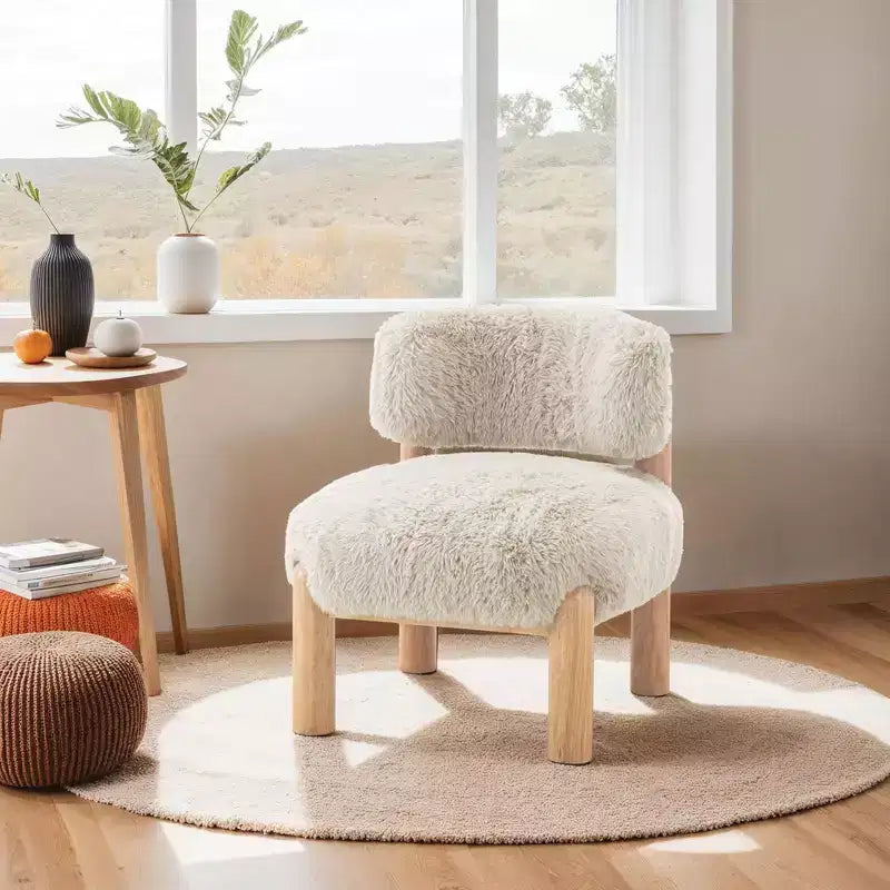 Chaise d'appoint moderne TUYOHW, Chaises sans accoudoirs avec dossier incurvé, Pieds en bois, Fauteuil de salon rembourré en tissu fourrure pour salon, chambre à coucher, balcon