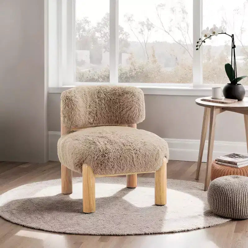Chaise d'appoint moderne TUYOHW, Chaises sans accoudoirs avec dossier incurvé, Pieds en bois, Fauteuil de salon rembourré en tissu fourrure pour salon, chambre à coucher, balcon