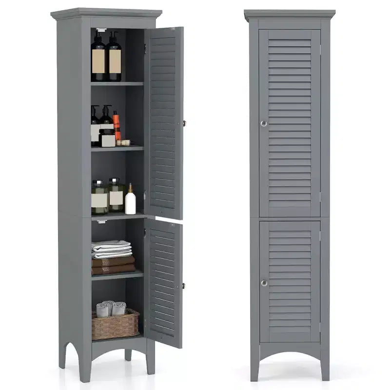 Meuble de salle de bain Costway de 160 cm de haut avec 2 portes à persiennes et étagère réglable, pieds surélevés Gris/Noir/Blanc/Marron
