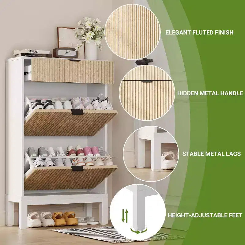 Meuble à chaussures de rangement pour entrée, organisateur de chaussures autoportant avec 2 portes battantes cannelées et 1 tiroir