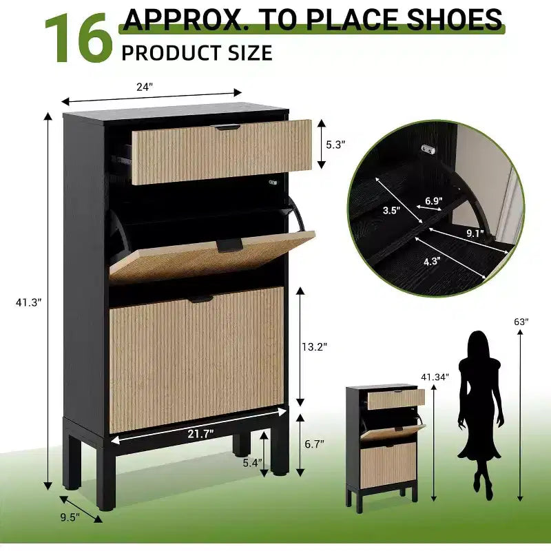 Meuble à chaussures de rangement pour entrée, organisateur de chaussures autoportant avec 2 portes battantes cannelées et 1 tiroir