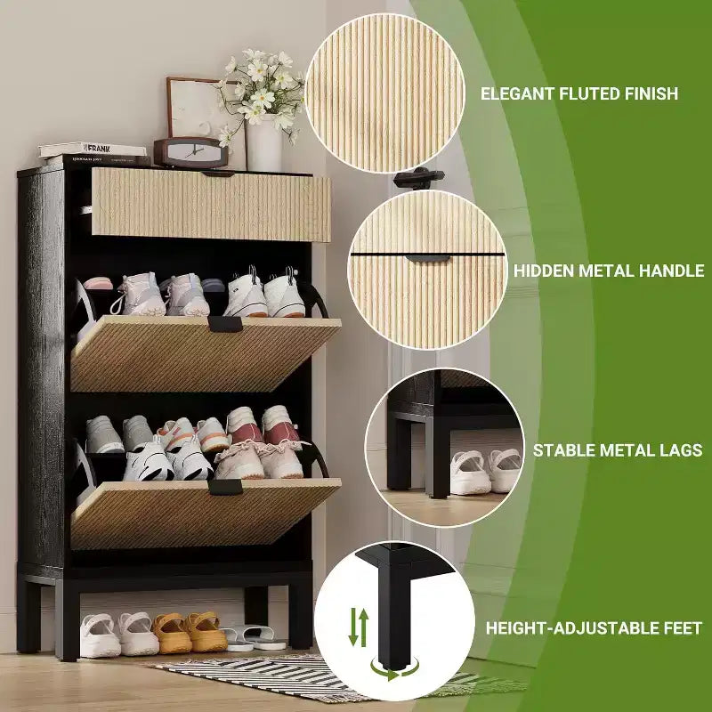 Meuble à chaussures de rangement pour entrée, organisateur de chaussures autoportant avec 2 portes battantes cannelées et 1 tiroir