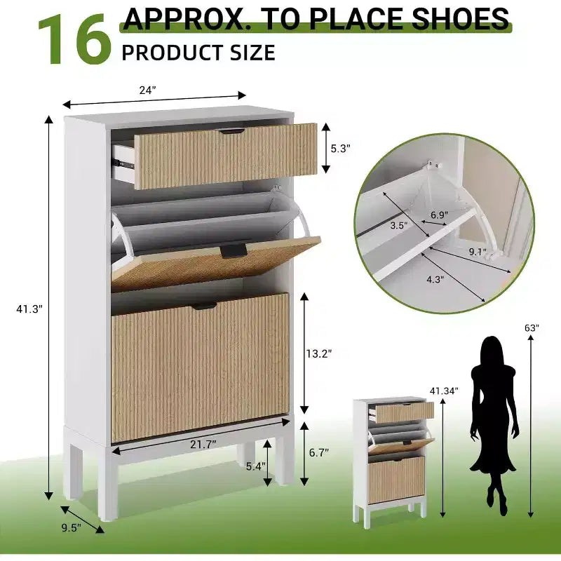 Meuble à chaussures de rangement pour entrée, organisateur de chaussures autoportant avec 2 portes battantes cannelées et 1 tiroir